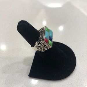 sterling silver ring with multi colored jade